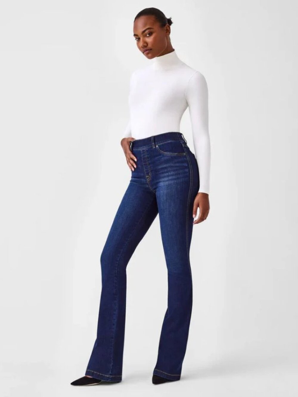 SPANX High-Rise Flare Pull-On Jean Midnight Shade Dark Wash Women's size L Tall